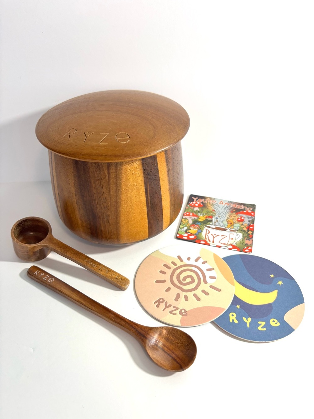 NEW RYZE Acacia Wooden Storage Container, Spoon, Scoop, Magnet & Coaster BUNDLE